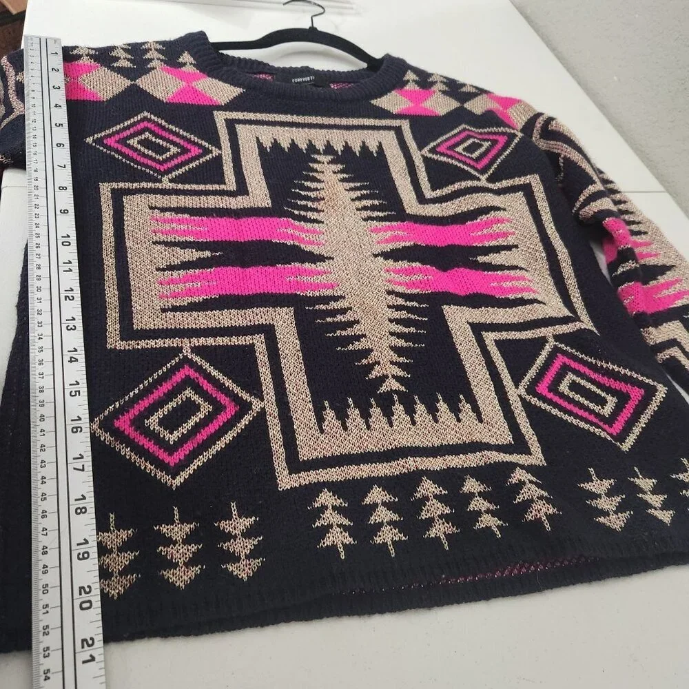 Forever 21 Sweater Womens Geometric Aztec Print Navy Pink Beige S/M Cottagecore